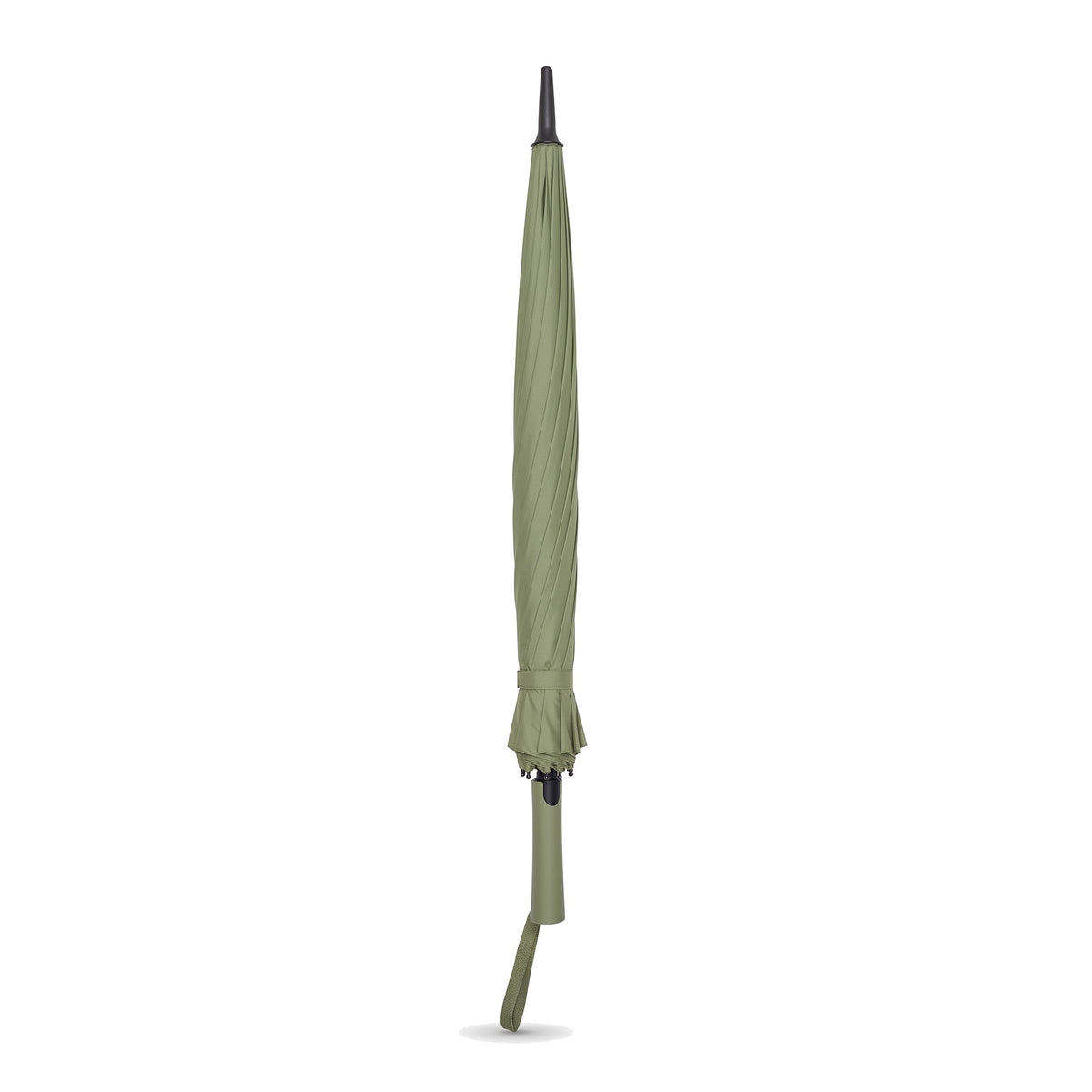Ezzyrol Sovereign long stick umbrella in green, closed and strapped, full length