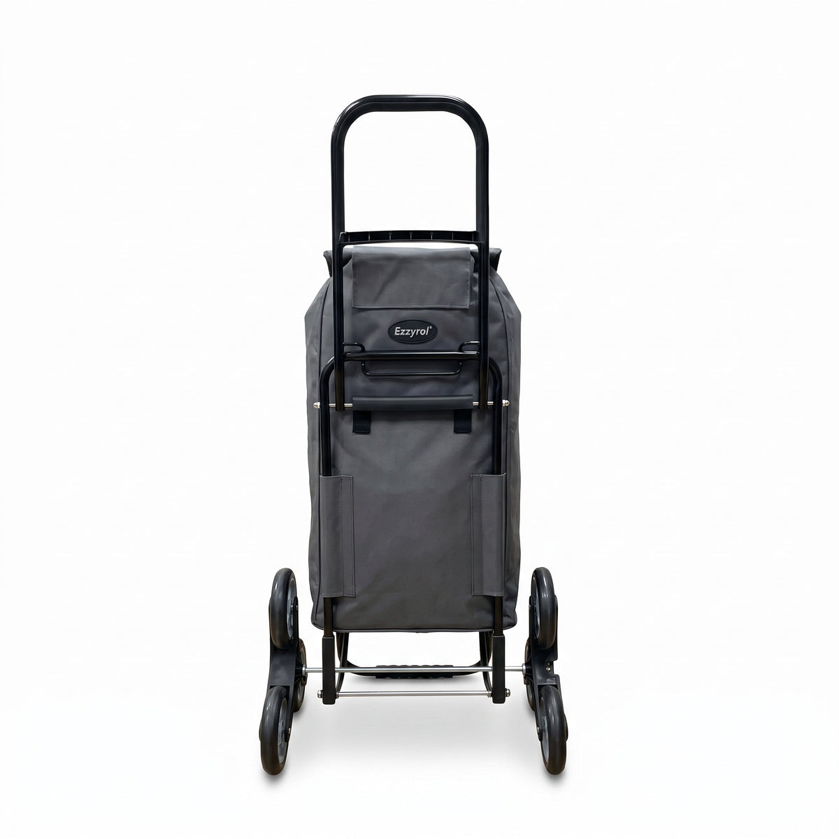 Ezzyrol 74L 6-wheel stair climber shopping trolley in grey seen from behind, showing the folding frame