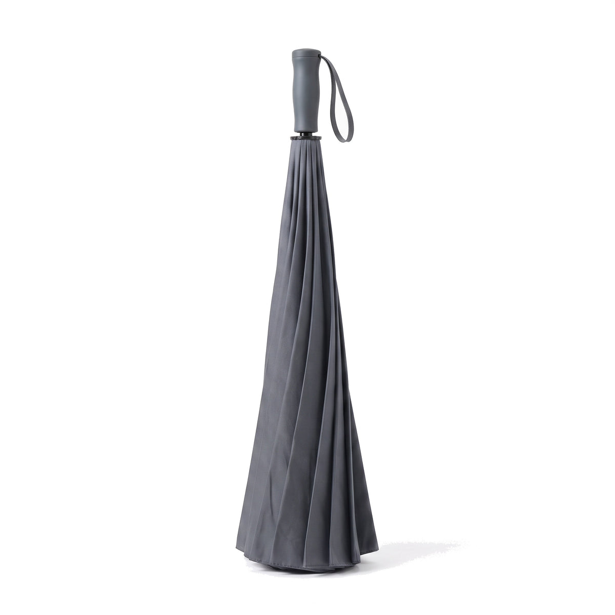Ezzyrol Sovereign long stick umbrella in grey standing closed with the canopy gathered