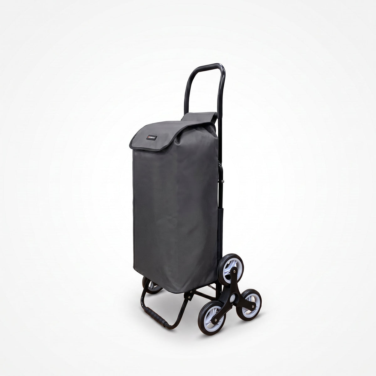 Ezzyrol 74L 6-wheel stair climber shopping trolley in grey, angled view with the flap closed