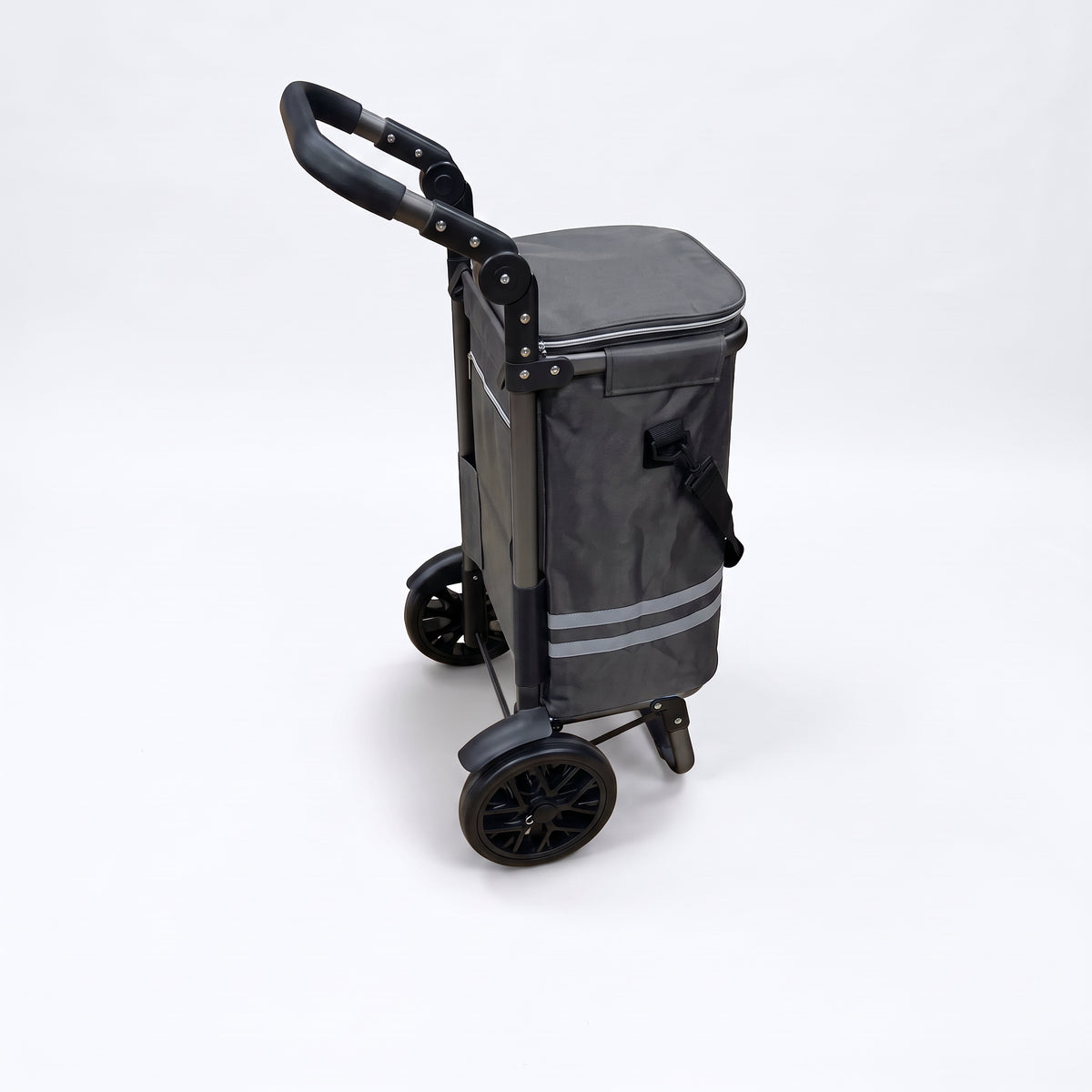 Ezzyrol 74L 2-wheel folding shopping trolley in grey, angled from behind showing the two large spoked wheels
