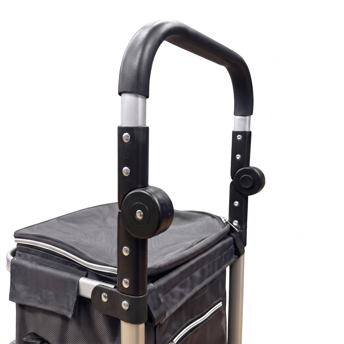 Close-up of the padded grip and height adjustment clamps on the grey Ezzyrol 74L trolley