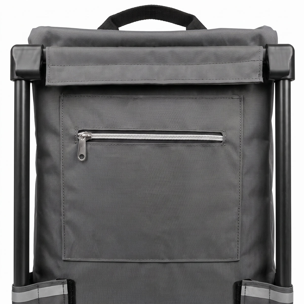 Zipped rear pocket and top carry handle on the grey Ezzyrol 74L shopping trolley