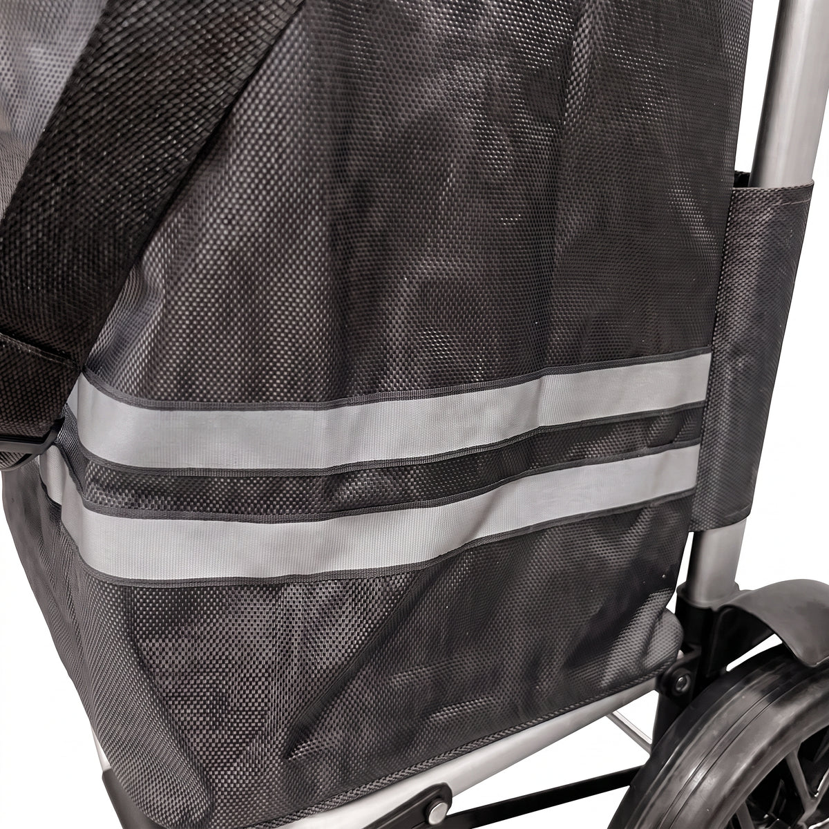 Close-up of the reflective stripes and mesh side panel on the grey Ezzyrol trolley