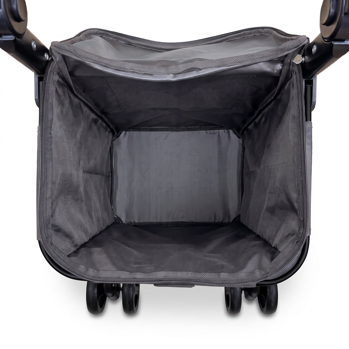 Inside the empty main compartment of the Ezzyrol 74L shopping trolley, grey lining