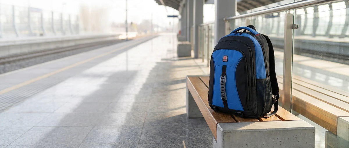 JustPack travel backpack on a train platform