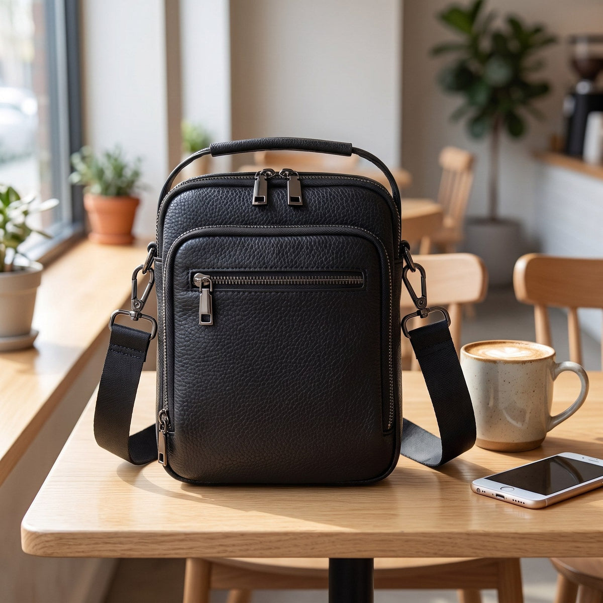 JUSTPACK Twofold crossbody bag, caf table scene