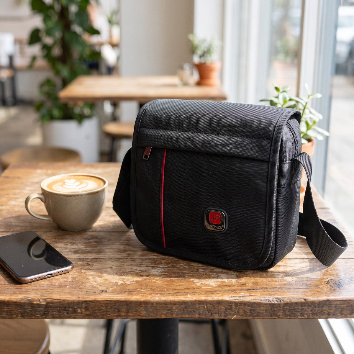 JUSTPACK Stripe flap-over crossbody bag, lifestyle on caf table