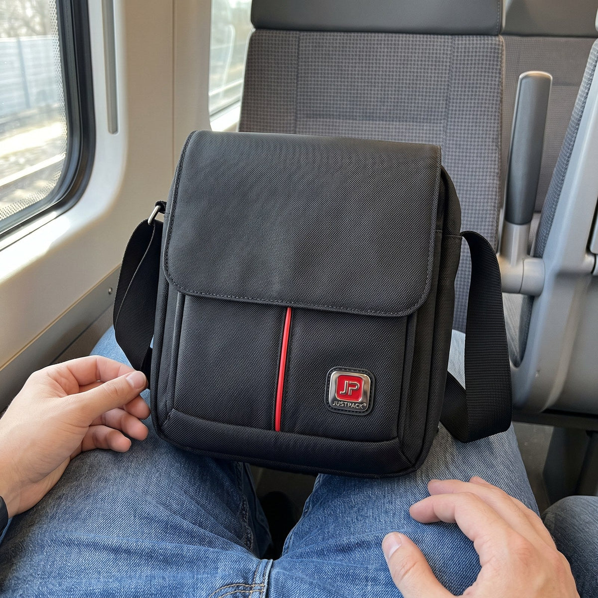 JUSTPACK Stripe flap-over crossbody bag, lifestyle commuter seat