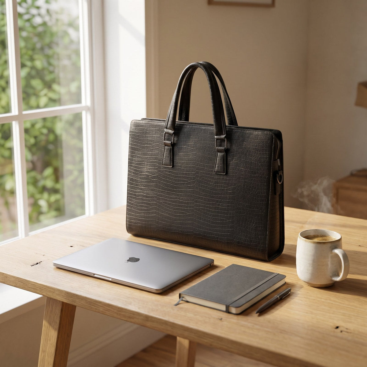 JUSTPACK Basalt briefcase, on the desk