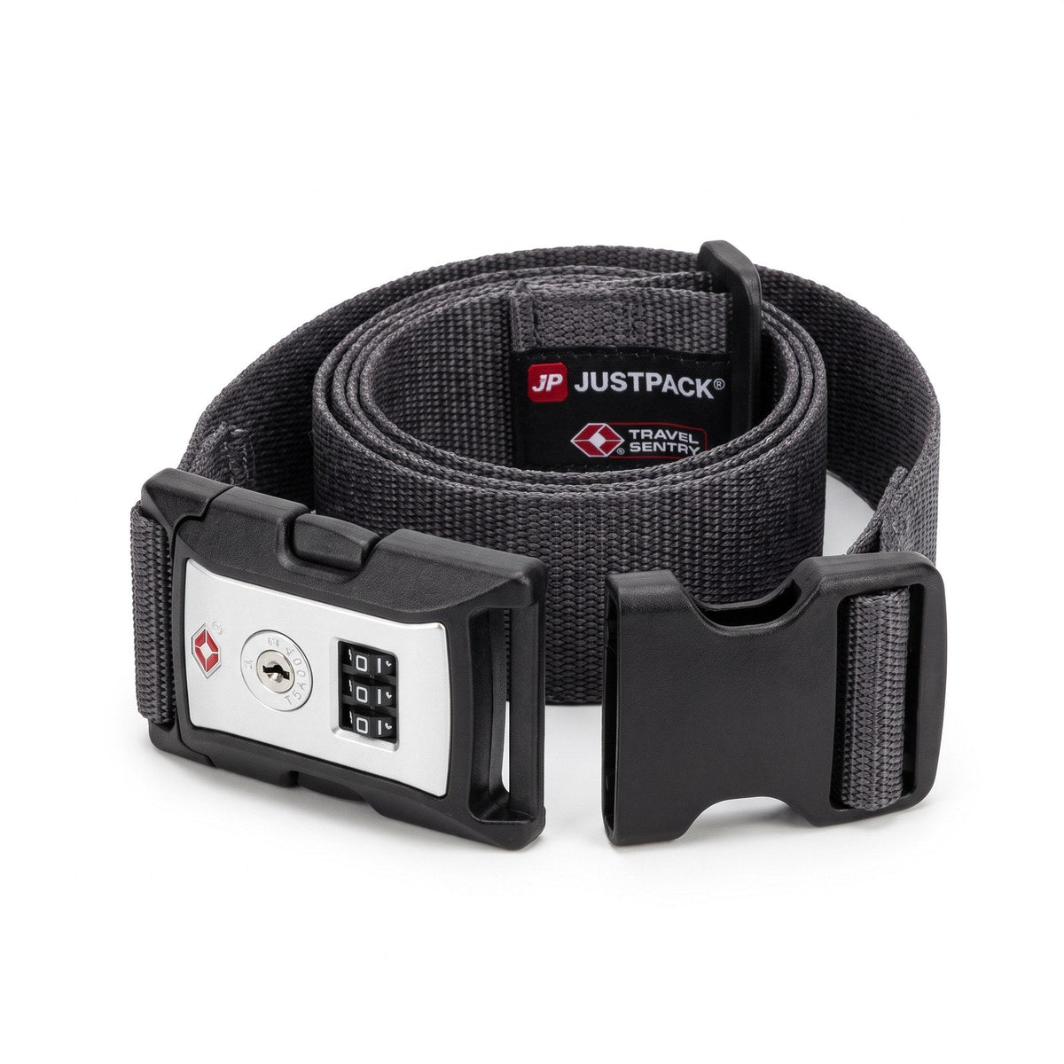 JUSTPACK Cinch luggage strap with TSA lock in charcoal grey, view buckle open
