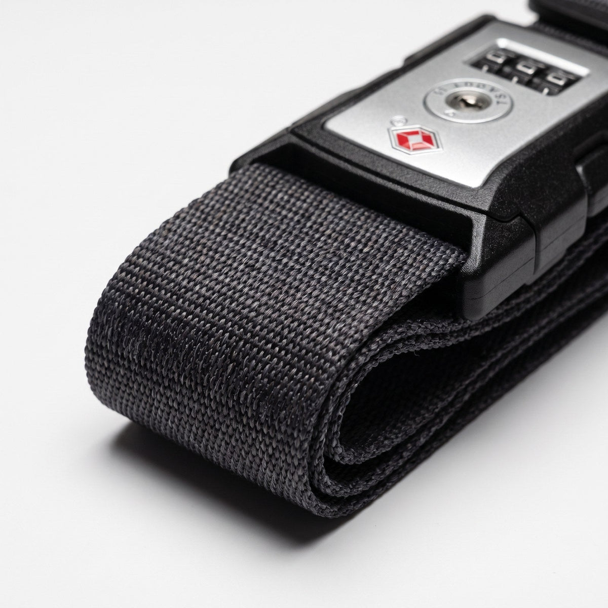 JUSTPACK Cinch luggage strap with TSA lock in charcoal grey, webbing texture
