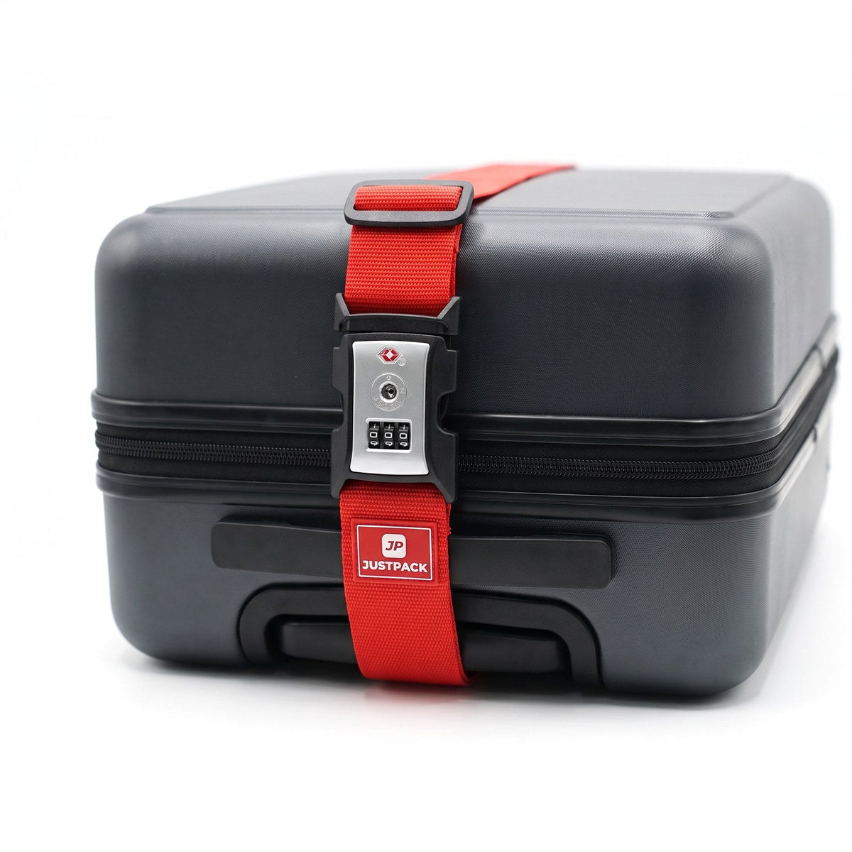 JUSTPACK Cinch luggage strap with TSA lock in red, strap secured on suitcase