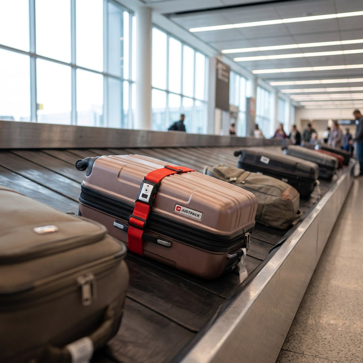 JUSTPACK Cinch luggage strap with TSA lock in red, waiting at baggage claim