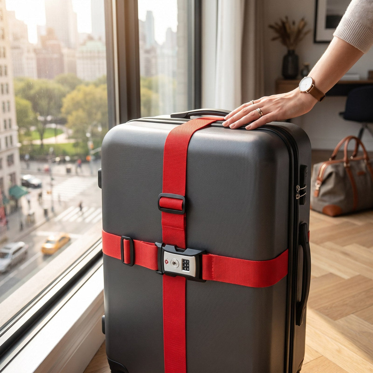 JUSTPACK Cinch luggage strap with TSA lock in red, packed and ready to go