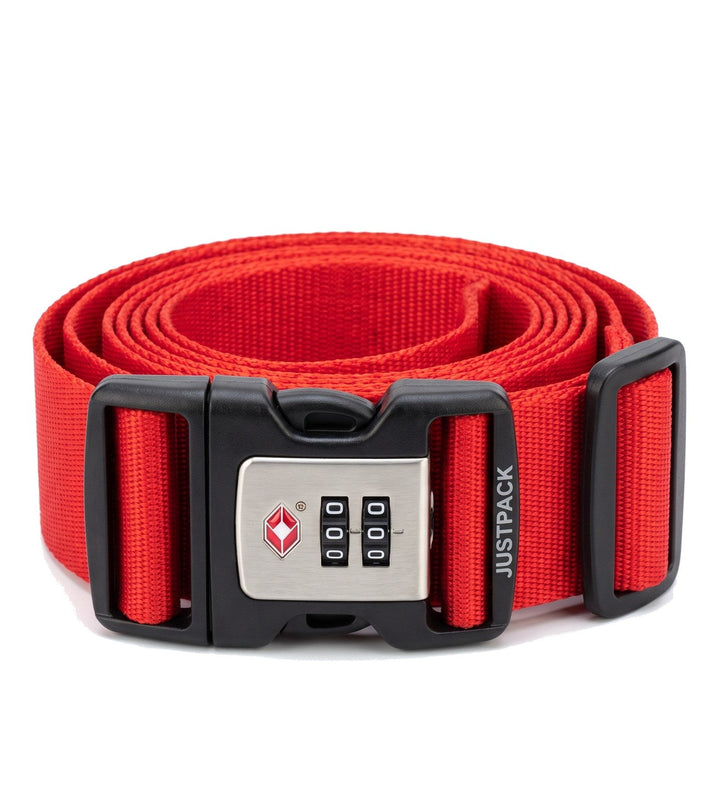 JUSTPACK Cinch luggage strap with TSA lock in red, main view