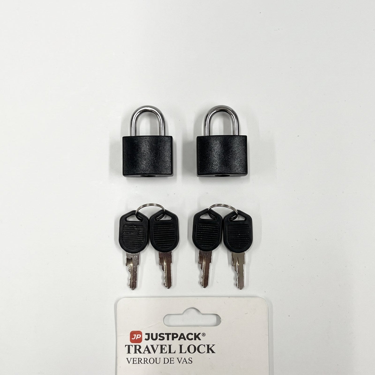 JUSTPACK Beacon keyed travel padlocks (2-pack) in black, top down flat lay