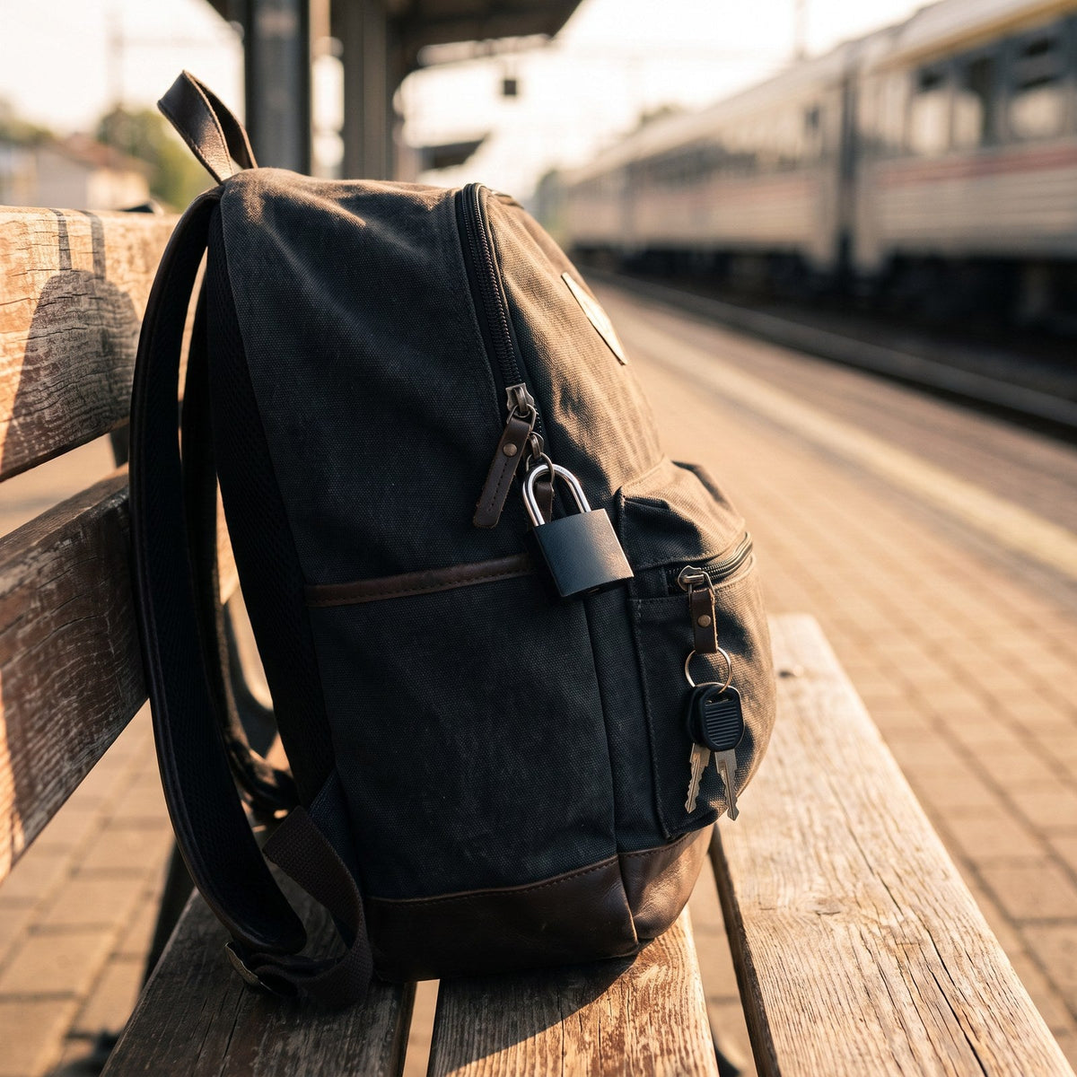 JUSTPACK Beacon keyed travel padlocks (2-pack) in black, lifestyle at train station