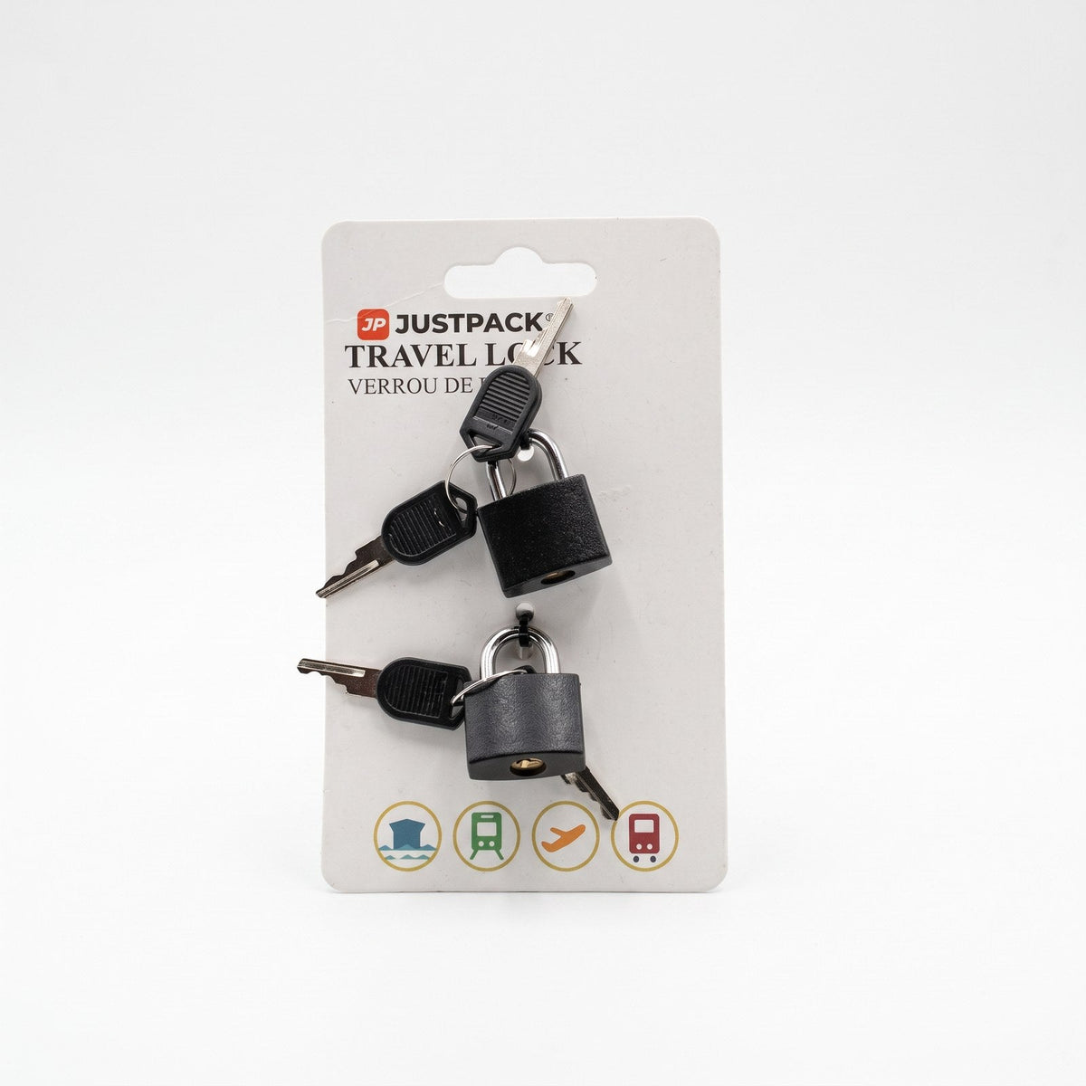 JUSTPACK Beacon keyed travel padlocks (2-pack) in black, as it ships on retail card