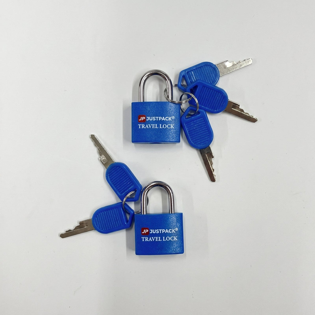 JUSTPACK Beacon keyed travel padlocks (2-pack) in blue, top down flat lay of set