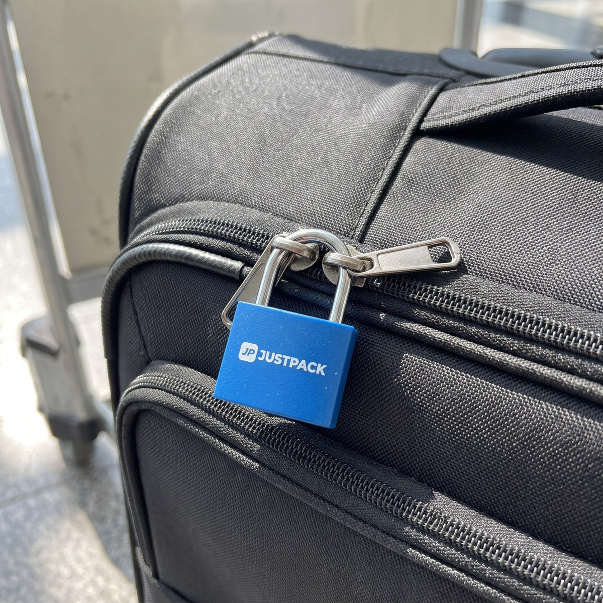 JUSTPACK Beacon keyed travel padlocks (2-pack) in blue, securing suitcase zippers
