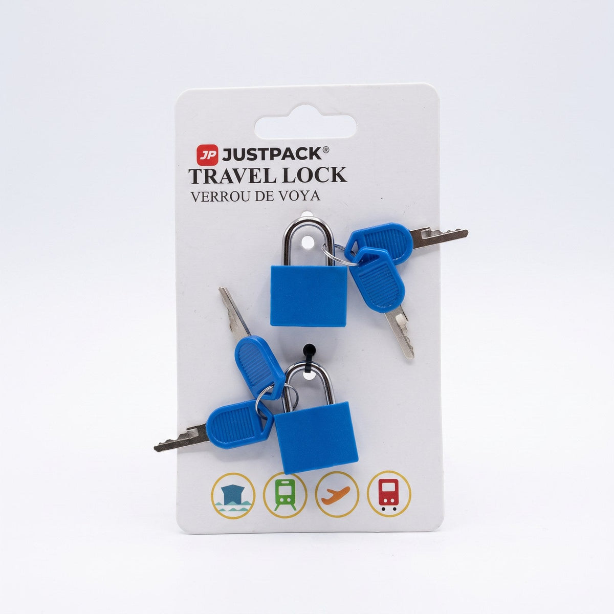 JUSTPACK Beacon keyed travel padlocks (2-pack) in blue, retail packaging as shipped