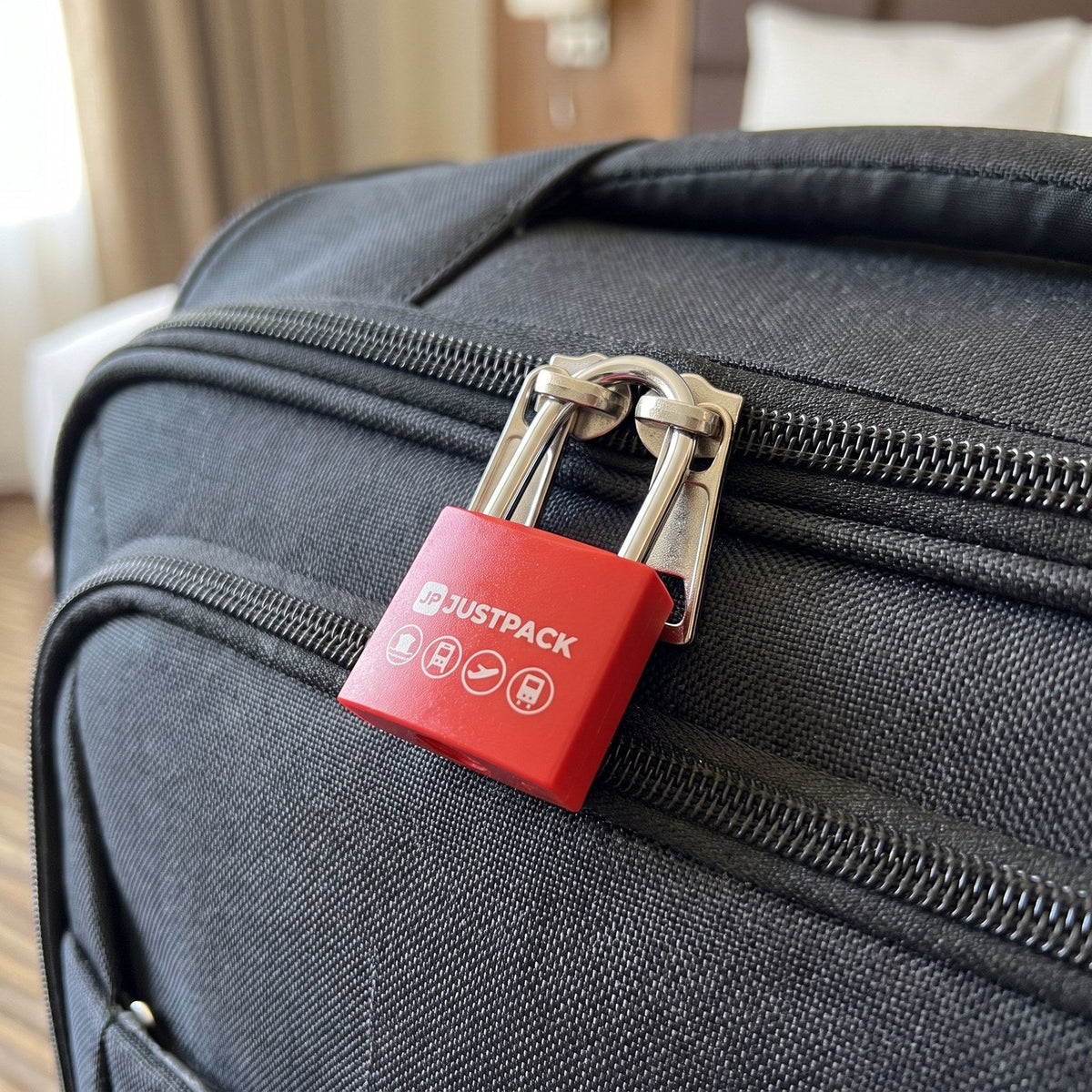JUSTPACK Beacon keyed travel padlocks (2-pack) in red, securing luggage zippers