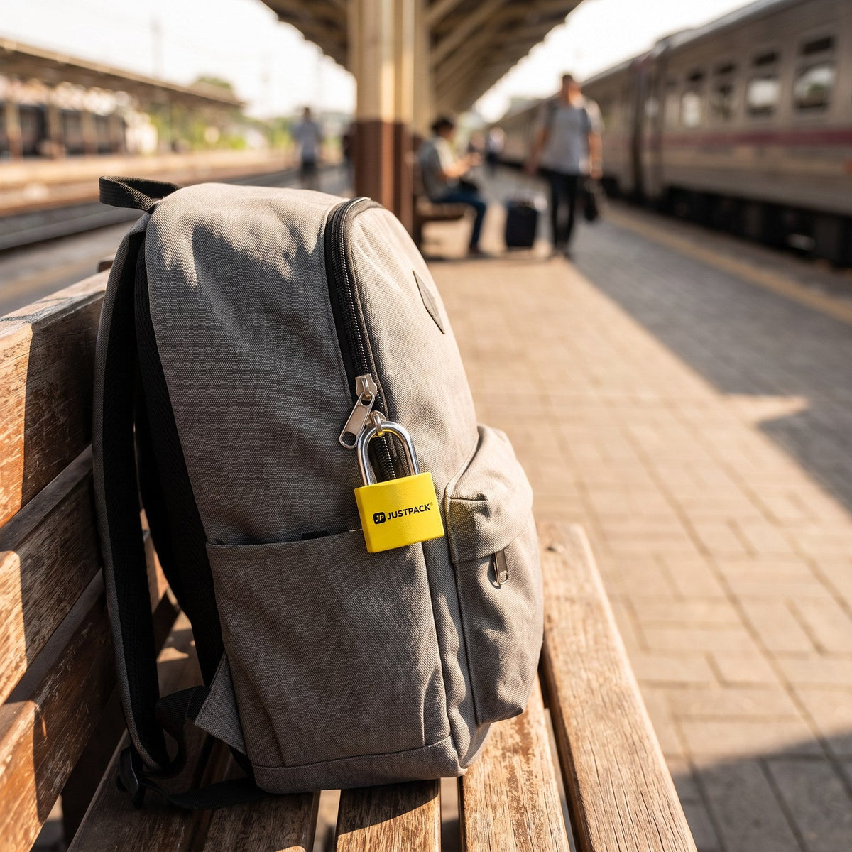 JUSTPACK Beacon keyed travel padlocks (2-pack) in yellow, backpack at train station
