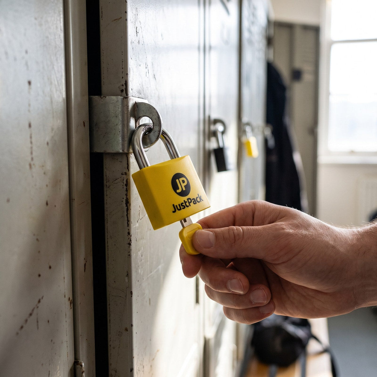 JUSTPACK Beacon keyed travel padlocks (2-pack) in yellow, locking a hostel locker