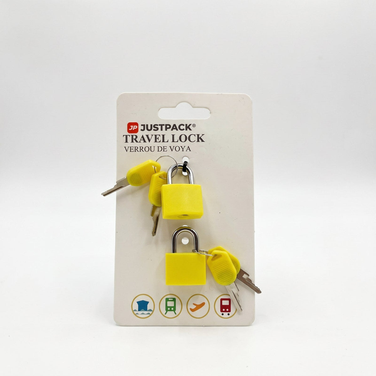 JUSTPACK Beacon keyed travel padlocks (2-pack) in yellow, as shipped retail packaging