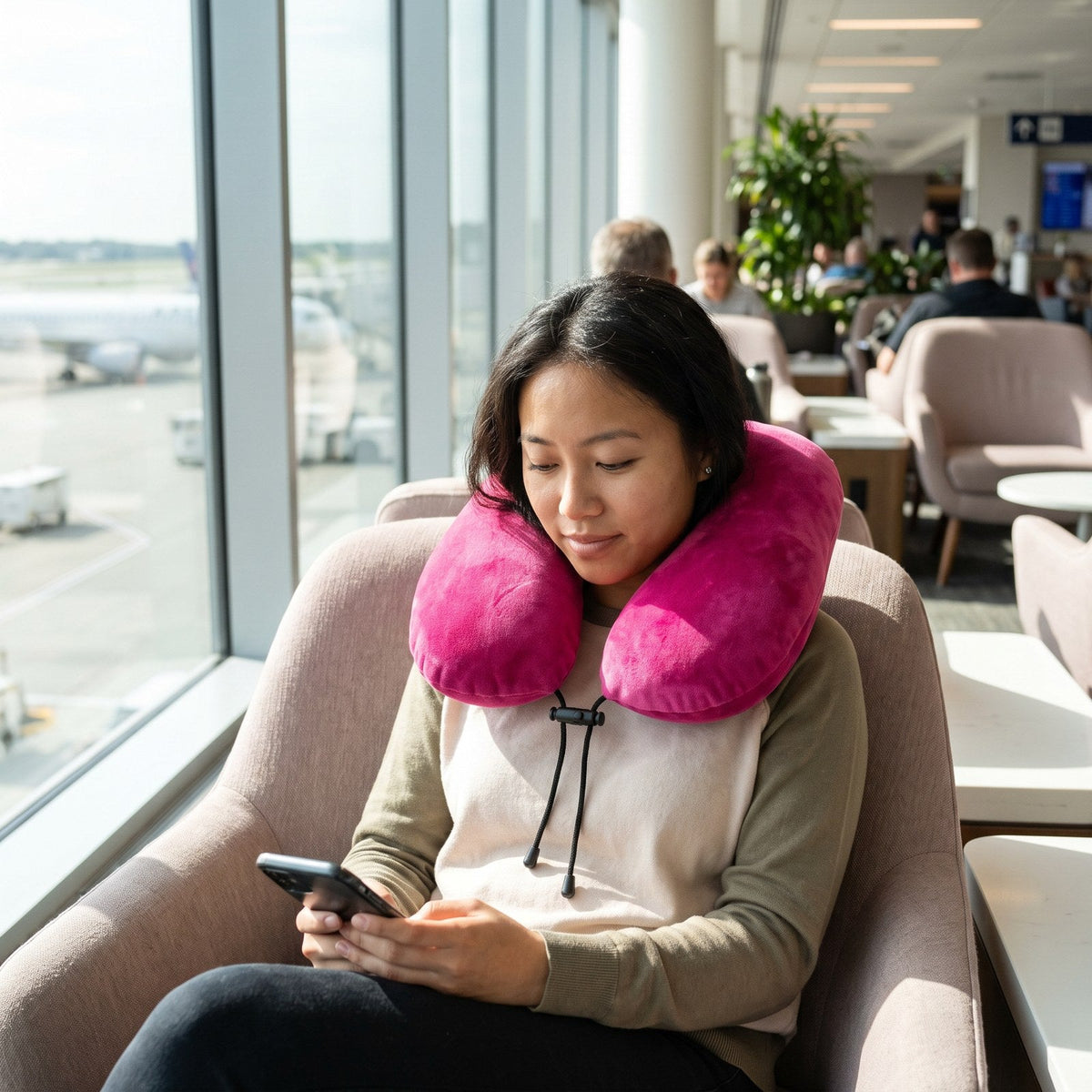JUSTPACK Drift travel neck pillow in hot pink, relaxing in transit