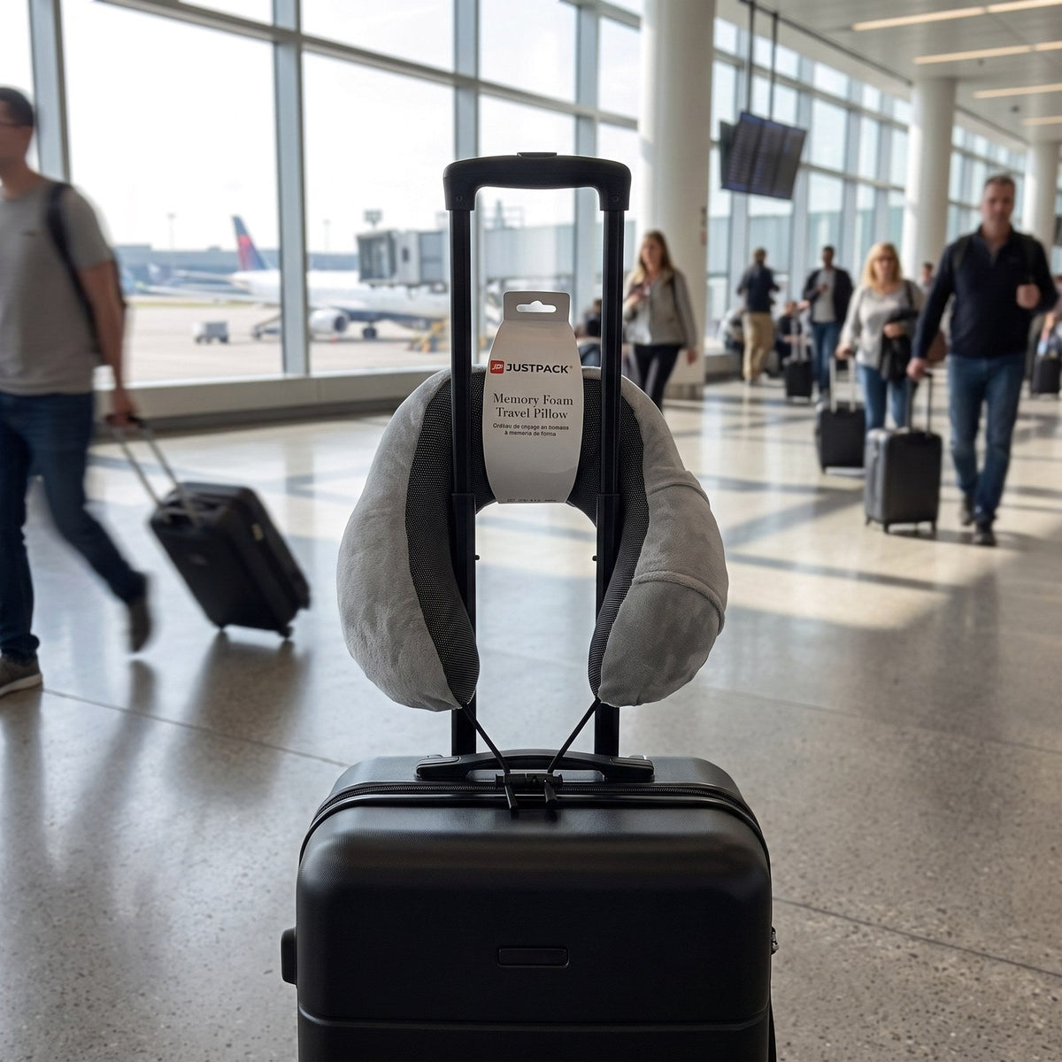 JUSTPACK Drift travel neck pillow in light grey, packed and ready to go
