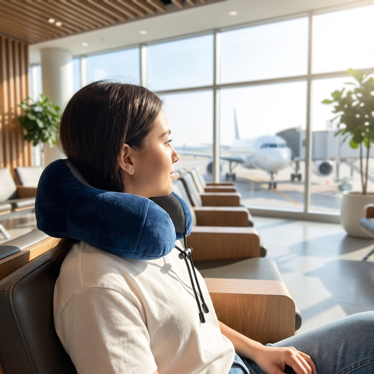 JUSTPACK Drift travel neck pillow in navy blue, airport gate lifestyle