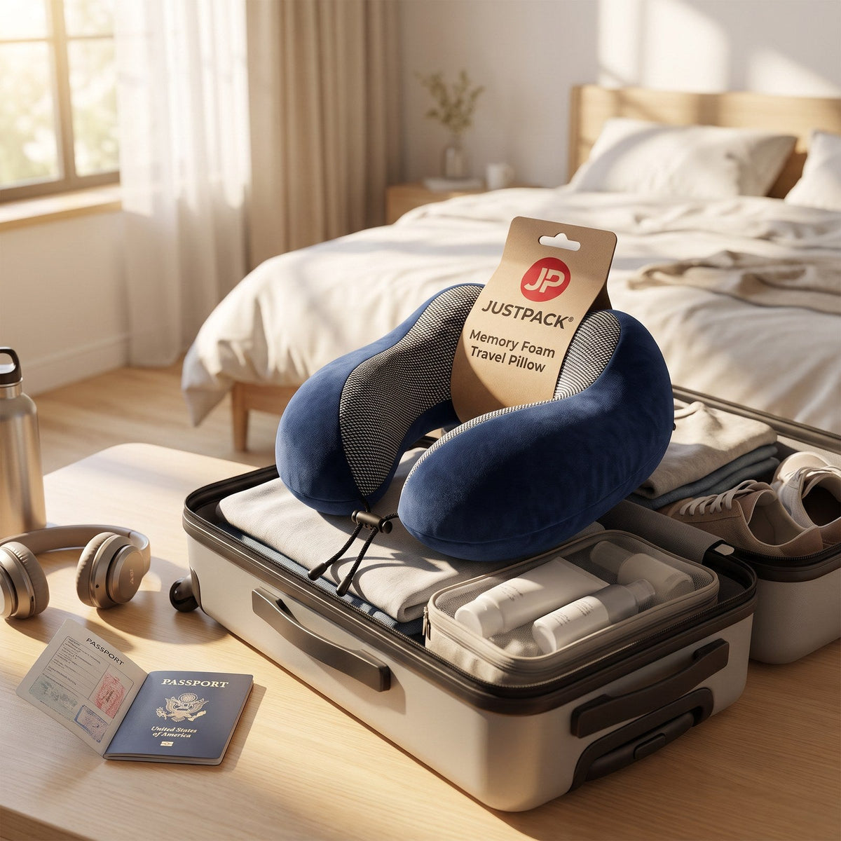 JUSTPACK Drift travel neck pillow in navy blue, ready to pack lifestyle