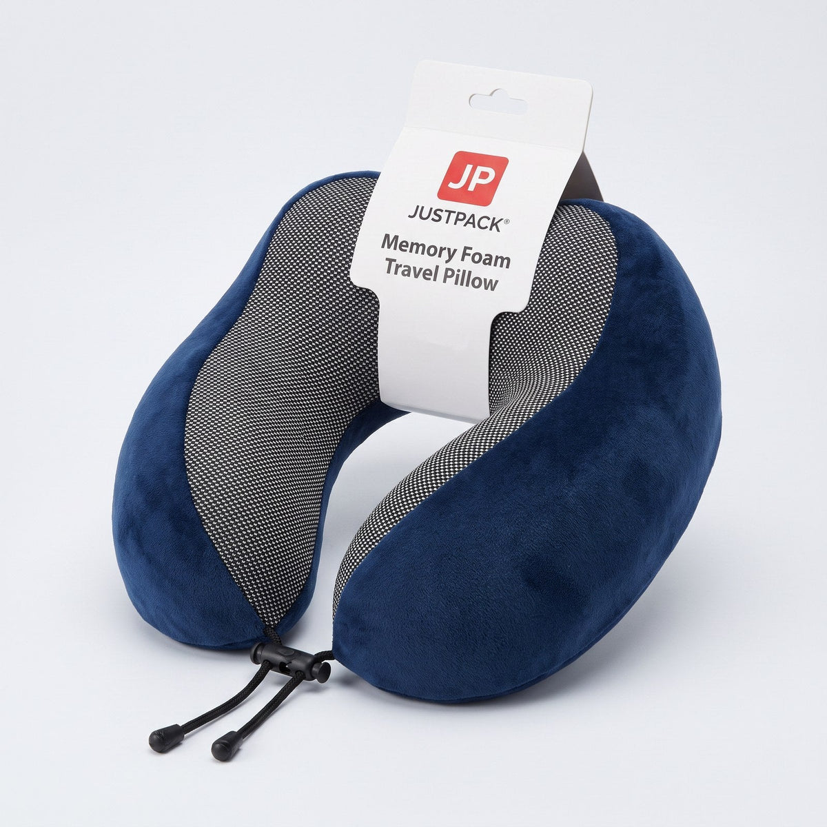 JUSTPACK Drift travel neck pillow in navy blue, as shipped with tag