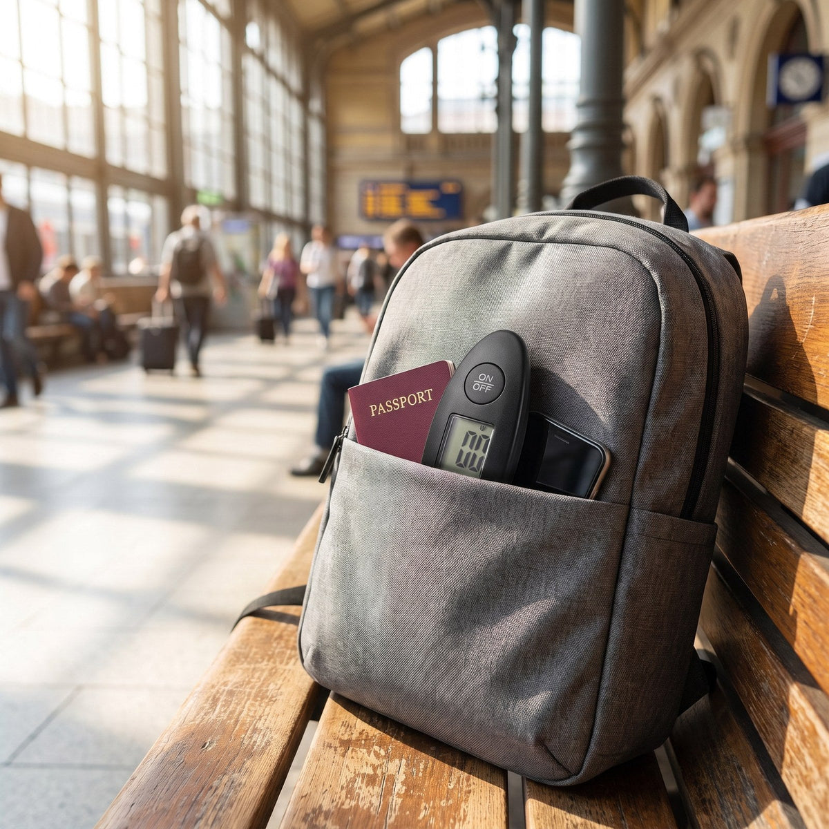 JUSTPACK Gauge digital luggage scale, lifestyle packed in carry on