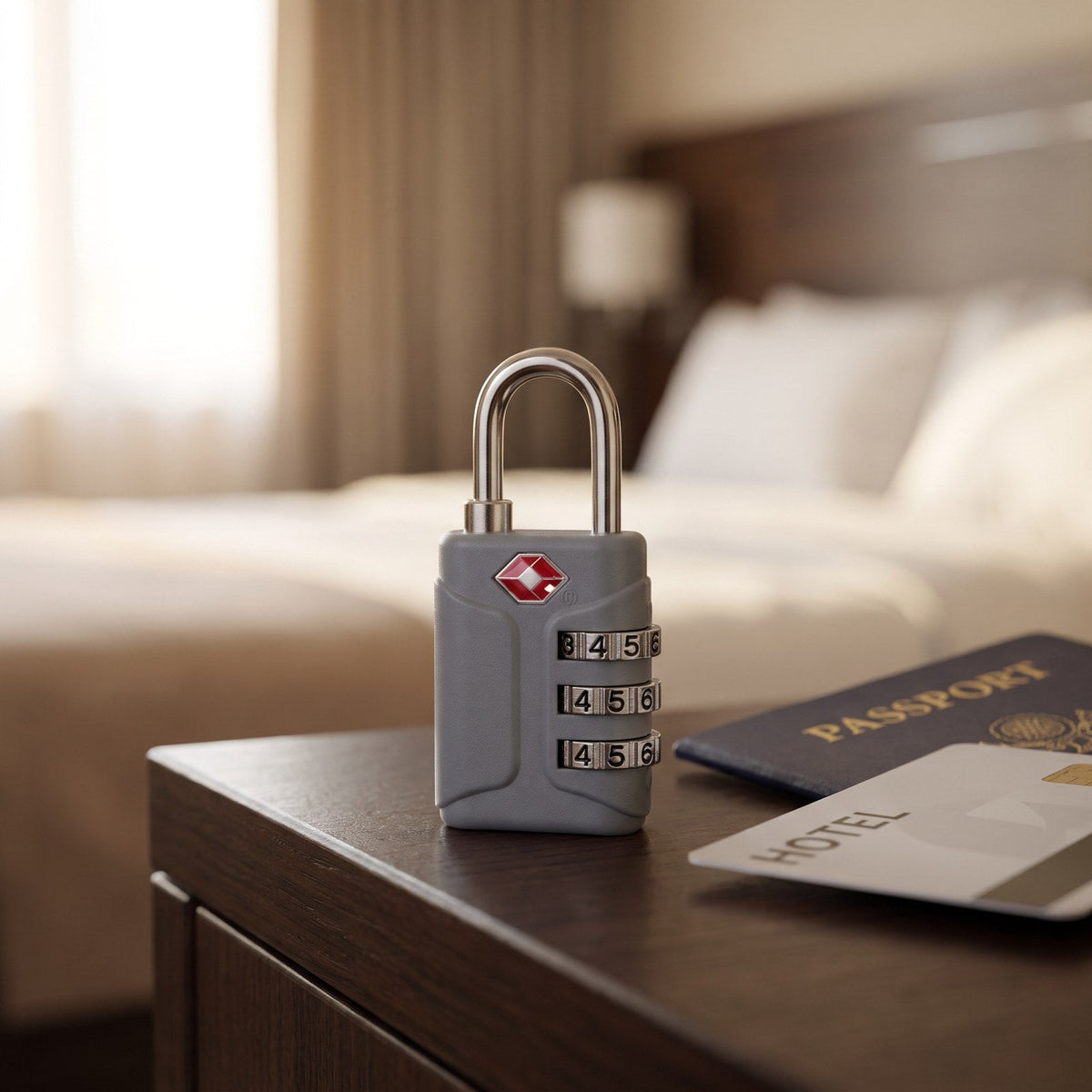 JUSTPACK Dial TSA combination padlock, lifestyle hotel side table