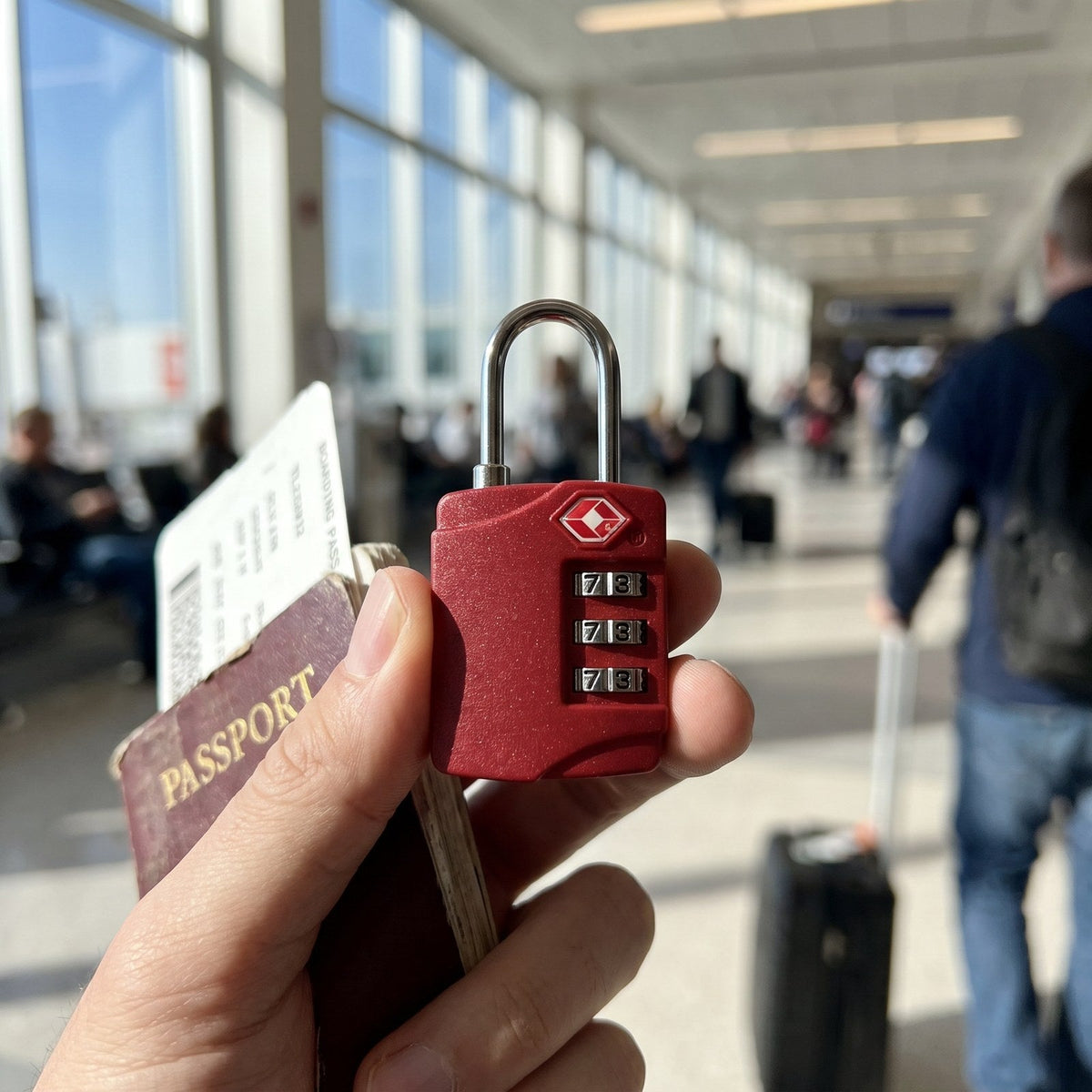 JUSTPACK Tumbler TSA combination padlock, lifestyle in airport