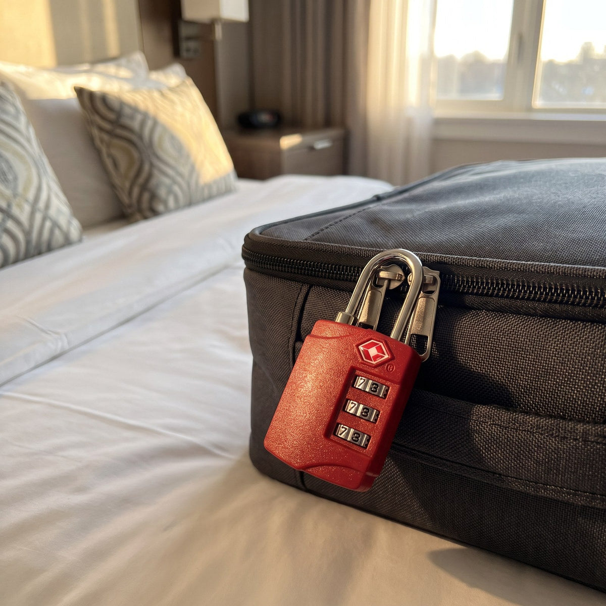 JUSTPACK Tumbler TSA combination padlock, lifestyle in hotel room