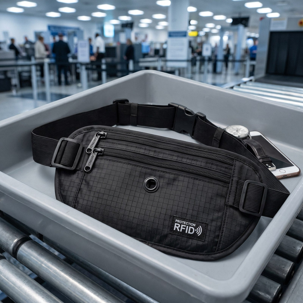 JUSTPACK Stash waist bag, airport security tray