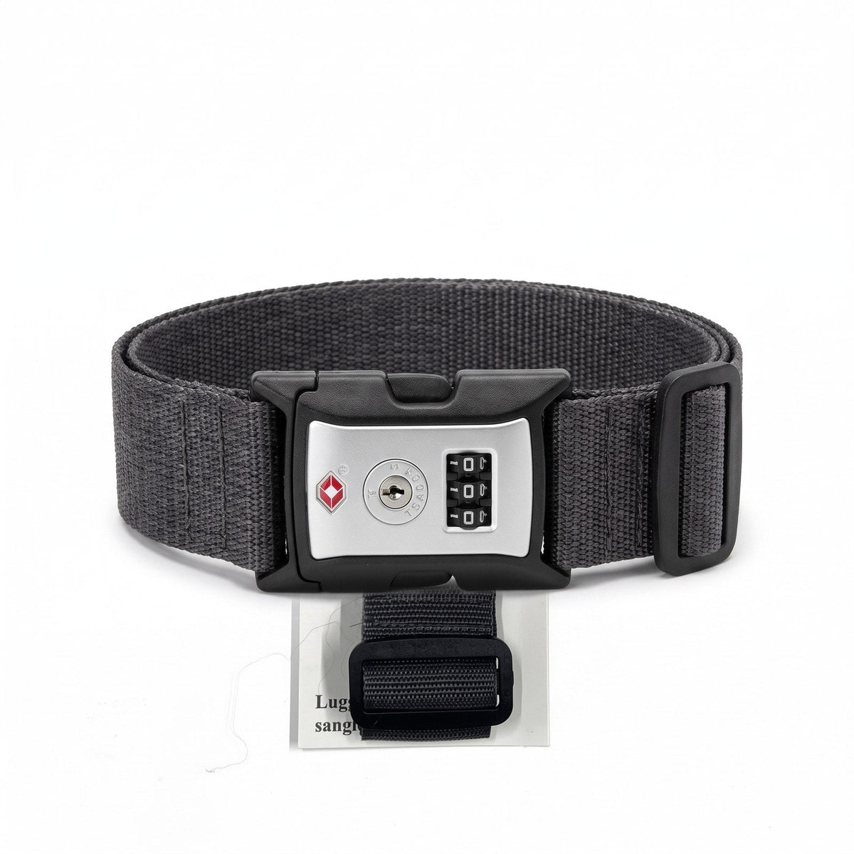 JUSTPACK Cinch luggage strap with TSA lock in charcoal grey, front view buckle closed
