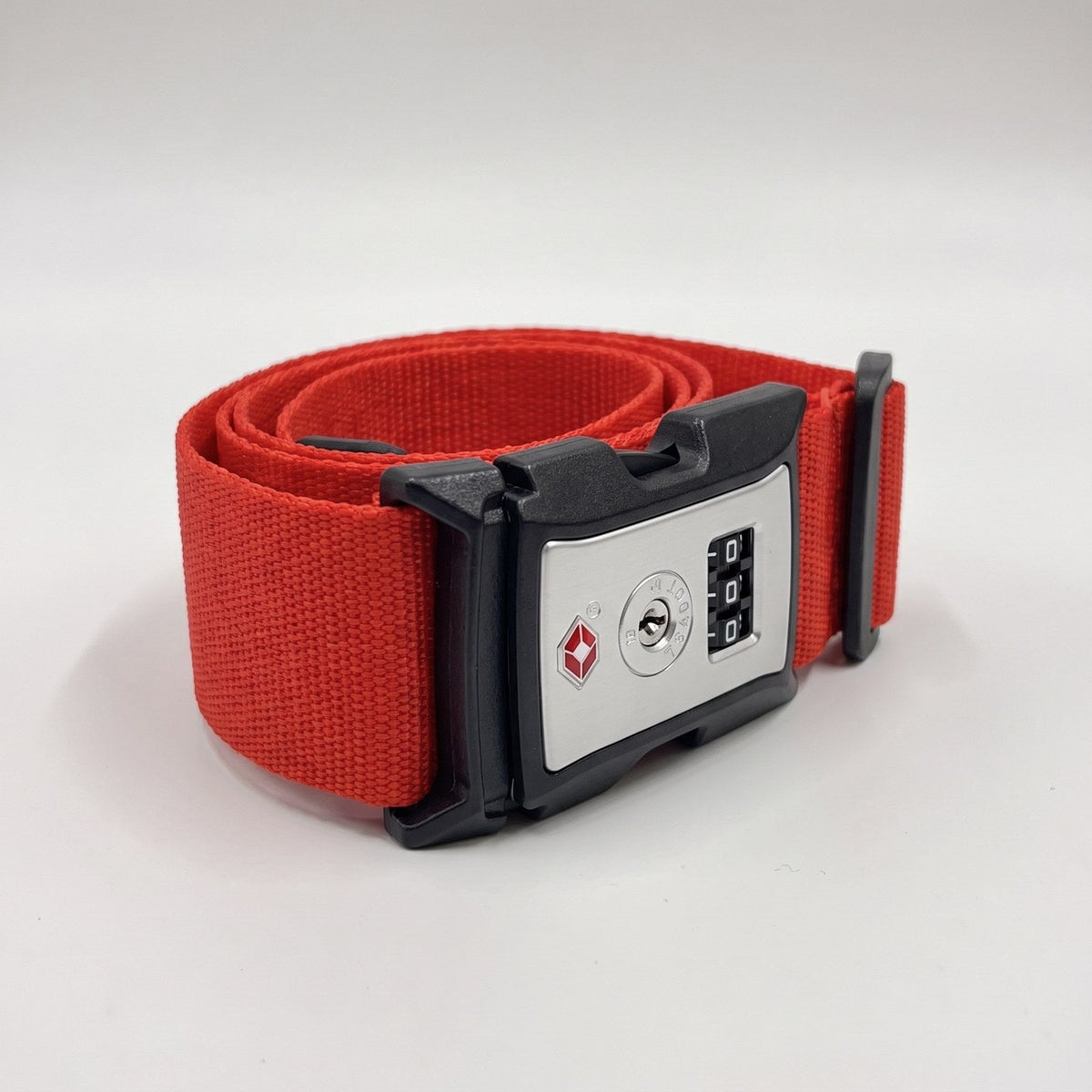 JUSTPACK Cinch luggage strap with TSA lock in red, three quarter view fastened