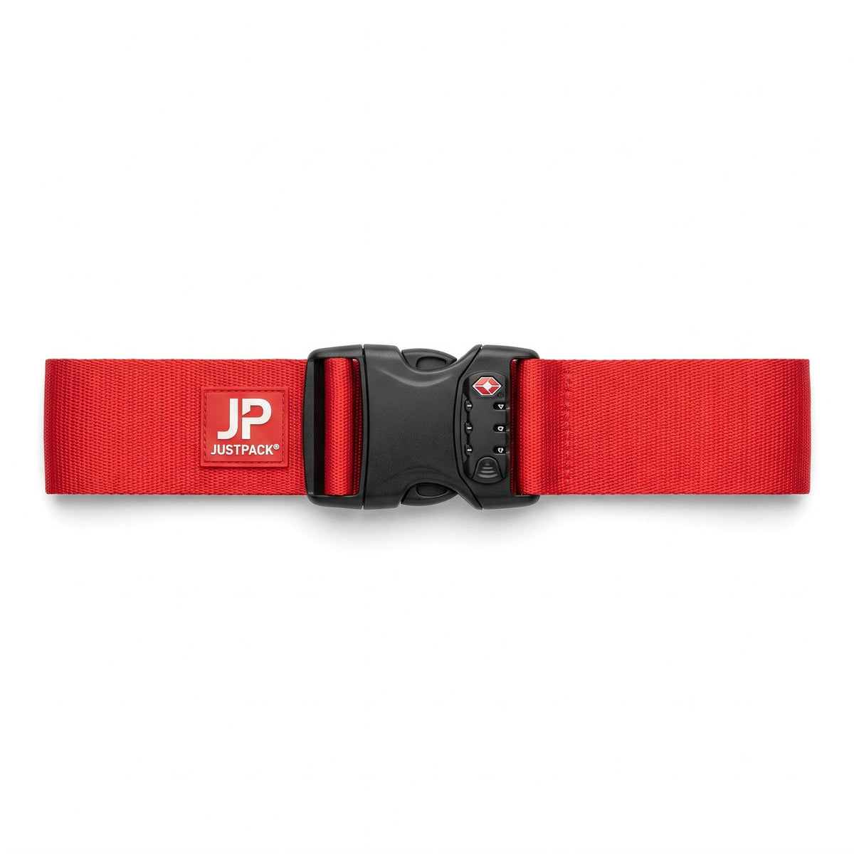 JUSTPACK Cinch luggage strap with TSA lock in red, side profile of buckle
