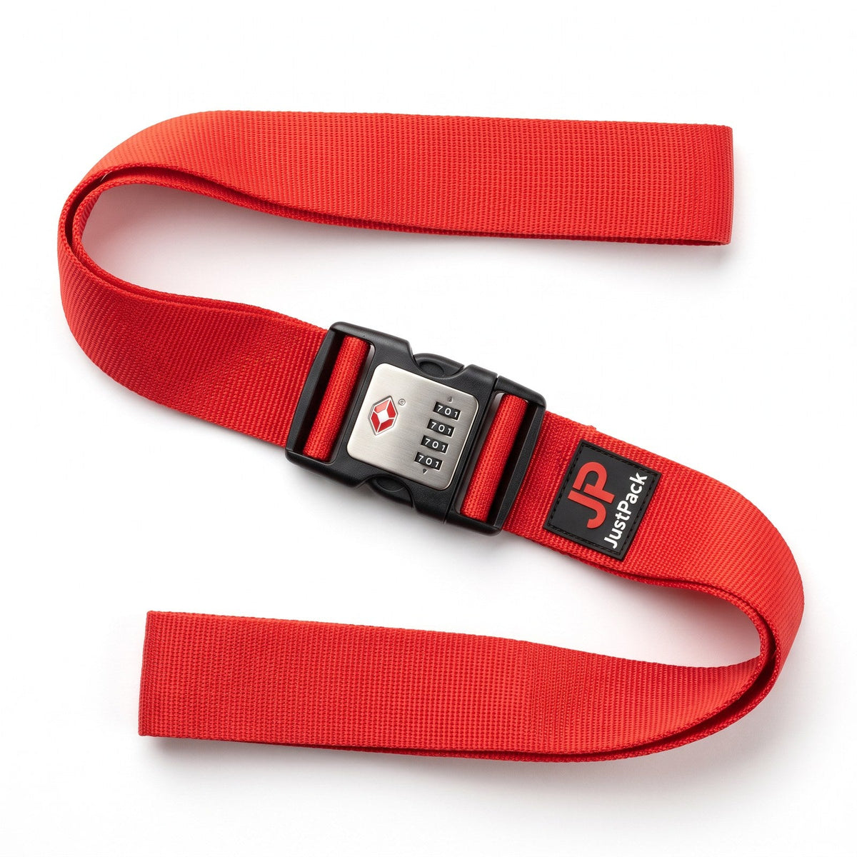 JUSTPACK Cinch luggage strap with TSA lock in red, top down flat lay