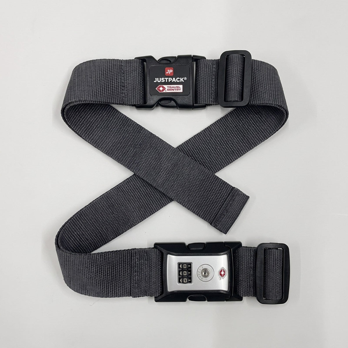 JUSTPACK Cinch luggage strap with TSA lock in charcoal grey, top down flat lay