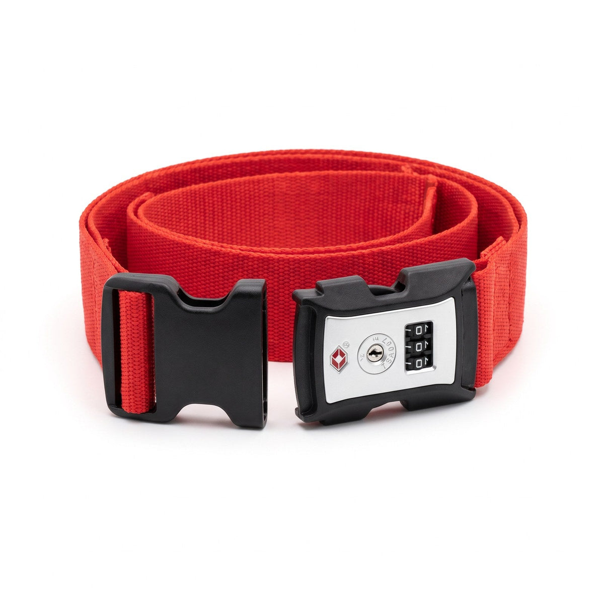 JUSTPACK Cinch luggage strap with TSA lock in red, buckle unfastened showing mechanism