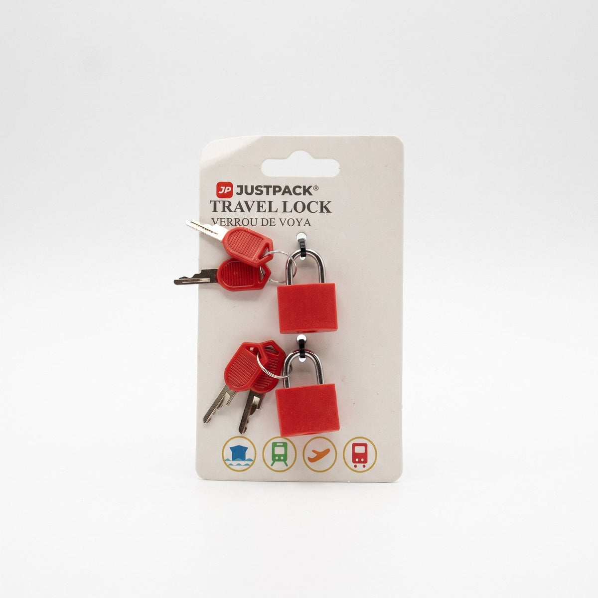 JUSTPACK Beacon keyed travel padlocks (2-pack) in red, retail pack front view