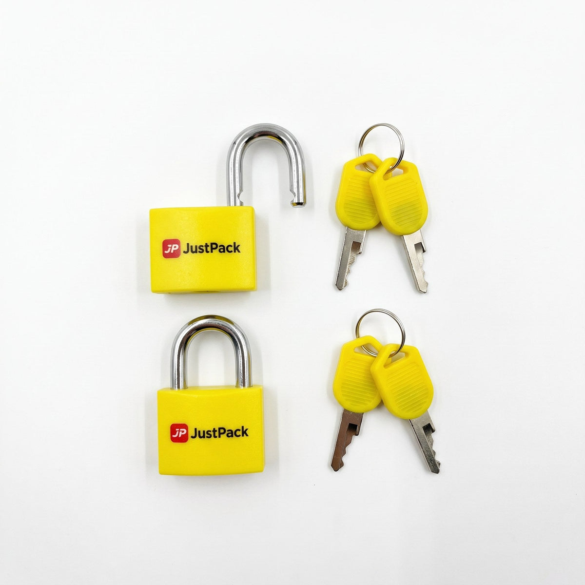 JUSTPACK Beacon keyed travel padlocks (2-pack) in yellow, top down flat lay