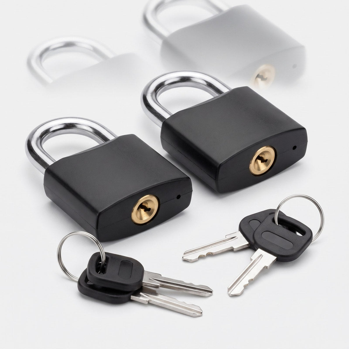 JUSTPACK Beacon keyed travel padlocks (2-pack) in black, three quarter view