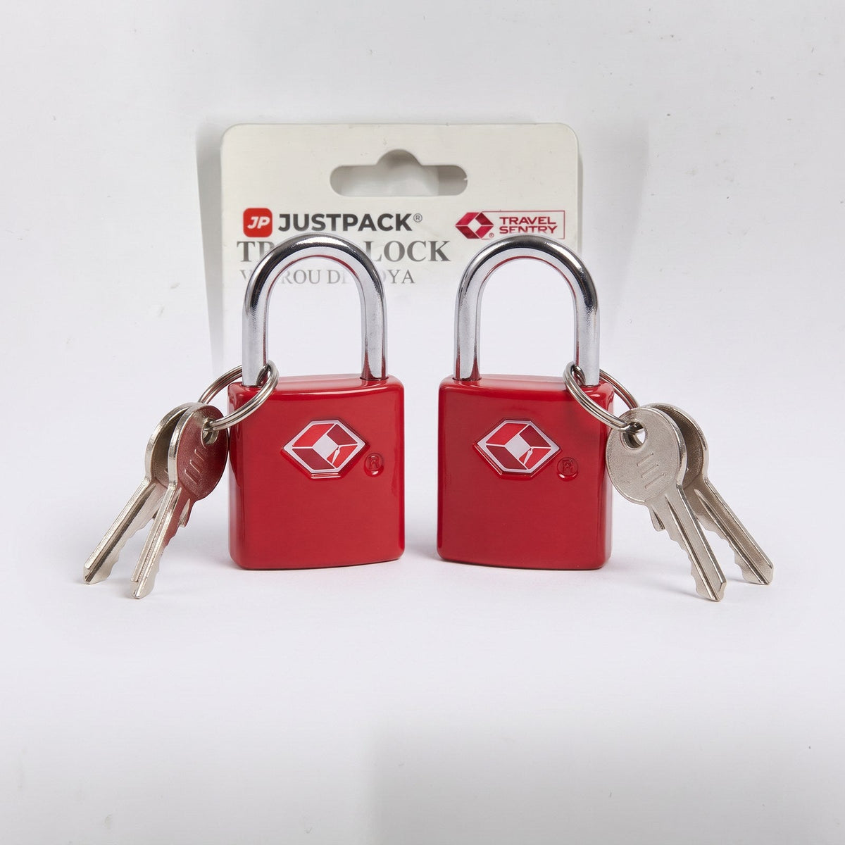 JUSTPACK Warden TSA keyed travel padlocks (2-pack), two locks and keys front on